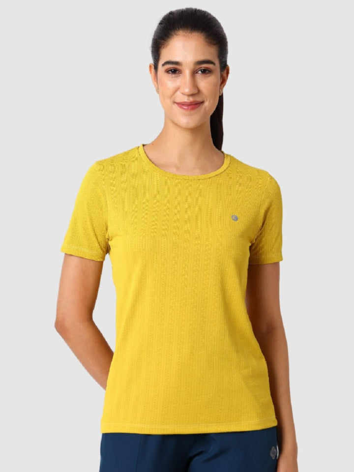 Women Mango Yellow Self Design Tops & T-Shirts - VENTURA JAQ 01 - Mango Yellow