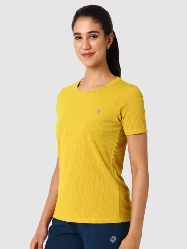 Women Mango Yellow Self Design Tops & T-Shirts - VENTURA JAQ 01 - Mango Yellow