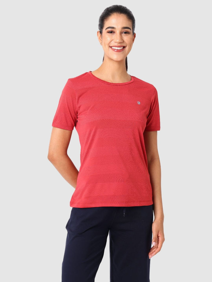 Women Brick Red Self Design Tops & T-Shirts  - VENTURA JAQ 03 - BR