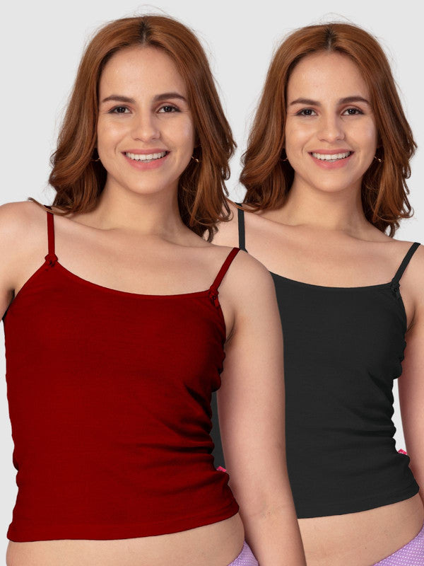 Women Cotton Blended Multicolor Solid Casual Camisole (Pack of 2)- Amy-Black/Marooon