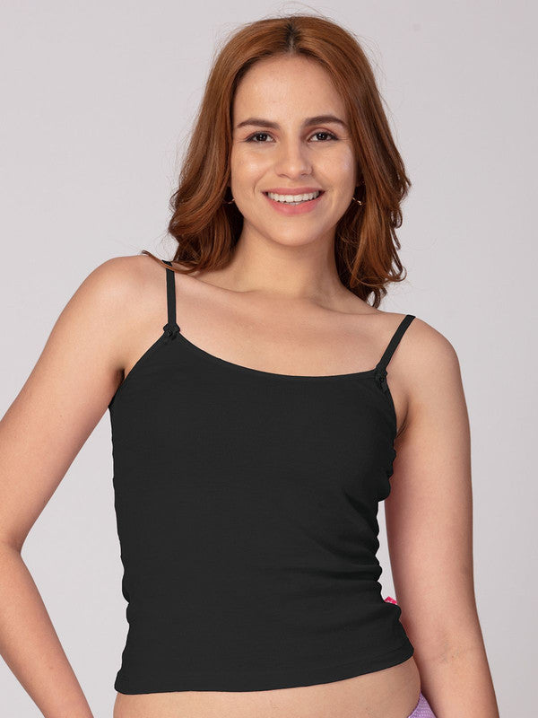 Women Cotton Blended Black Solid Casual Camisole-Amy-Black