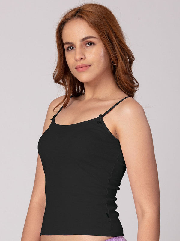 Women Cotton Blended Black Solid Casual Camisole-Amy-Black