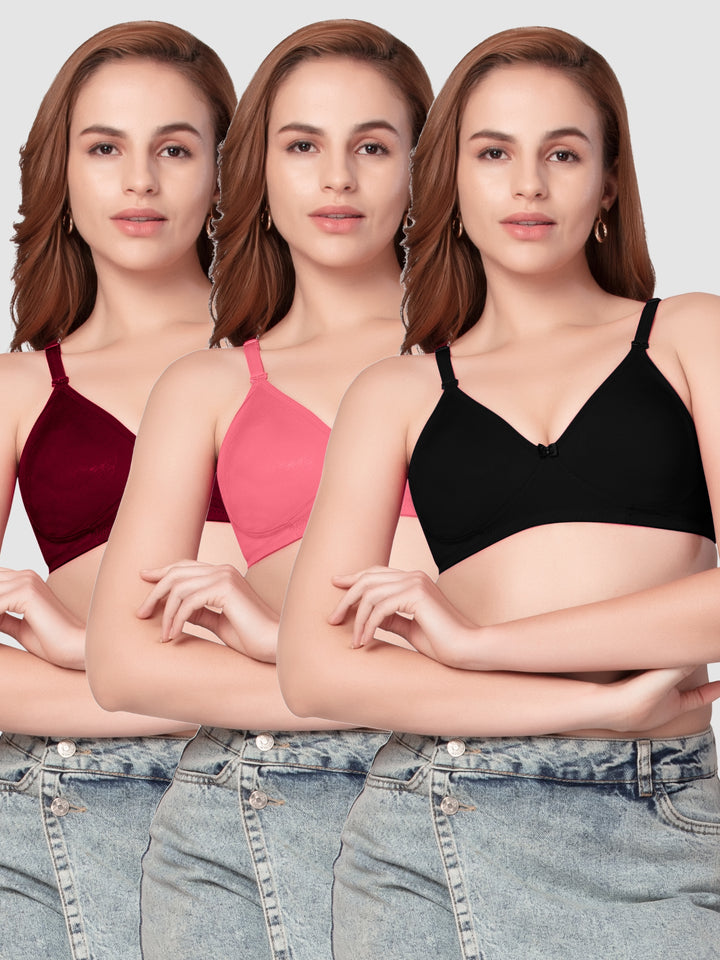 Daisy Dee Multicolor Non Padded Non Wired Full Coverage Bra Pack of 3 - ESPRIT_3PK_BLACK/CARROT/D MAROON
