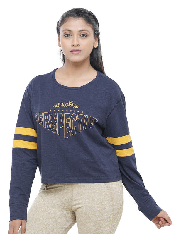 Women Navy Blue Loose Fit Printed T-Shirt - BOUNDLESS TOP-NY