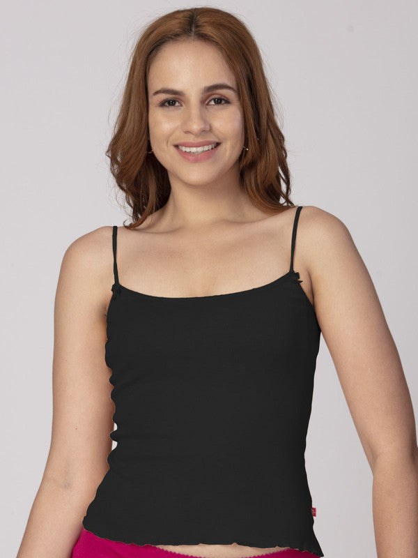 Women Cotton Blended Black Solid Casual Camisole-Bambi-Black