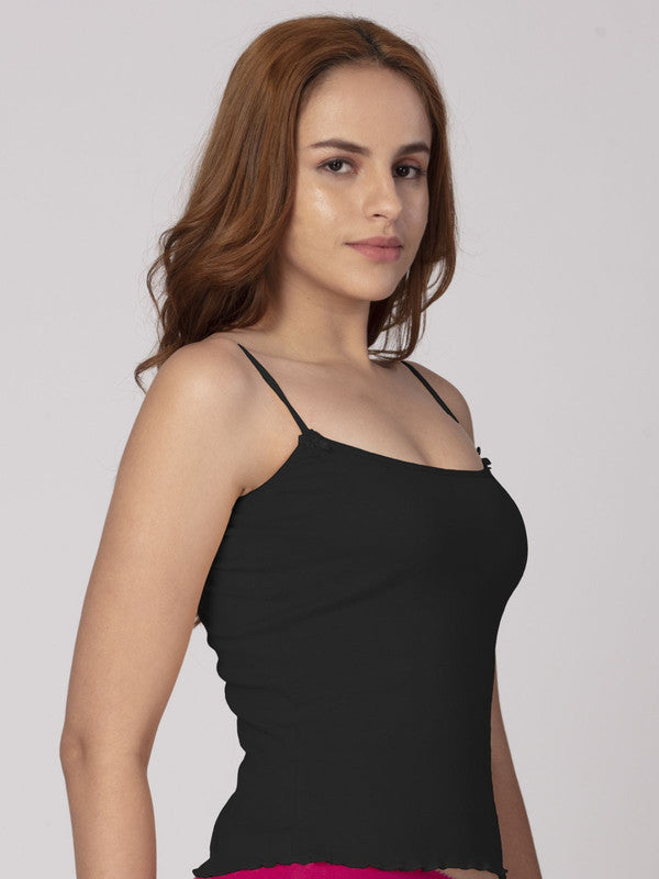 Women Cotton Blended Black Solid Casual Camisole-Bambi-Black
