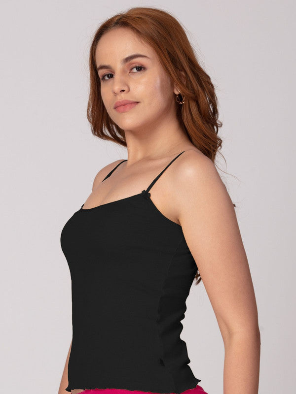 Women Cotton Blended Black Solid Casual Camisole-Bambi-Black