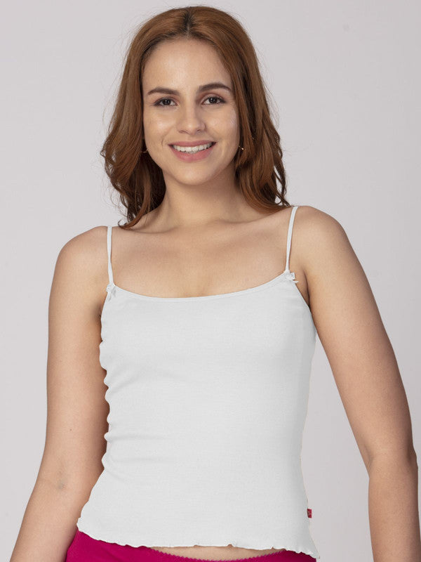 Women Cotton Blended White Solid Casual Camisole-Bambi-White