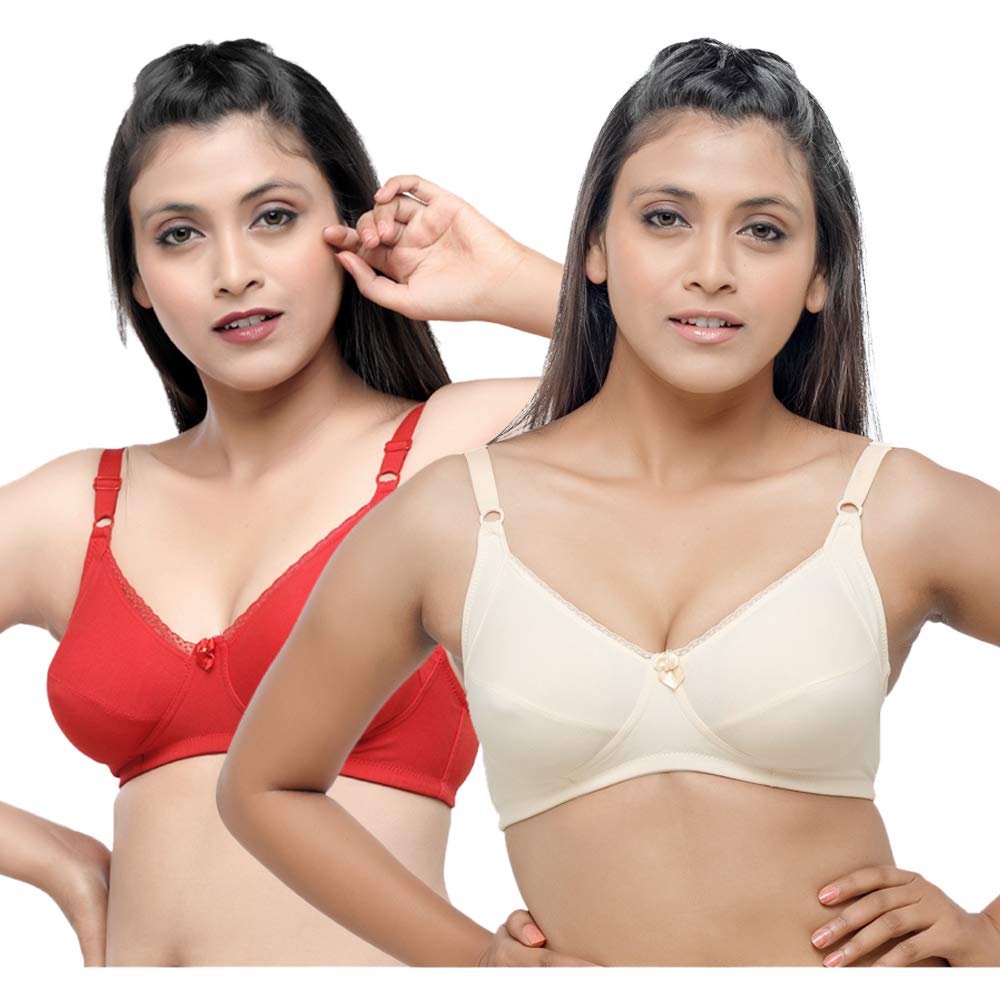 Lovable Cream and Tomato Red Non Padded Wirefree Bra Pack of 2 - COMFYST-Cream/T.RED