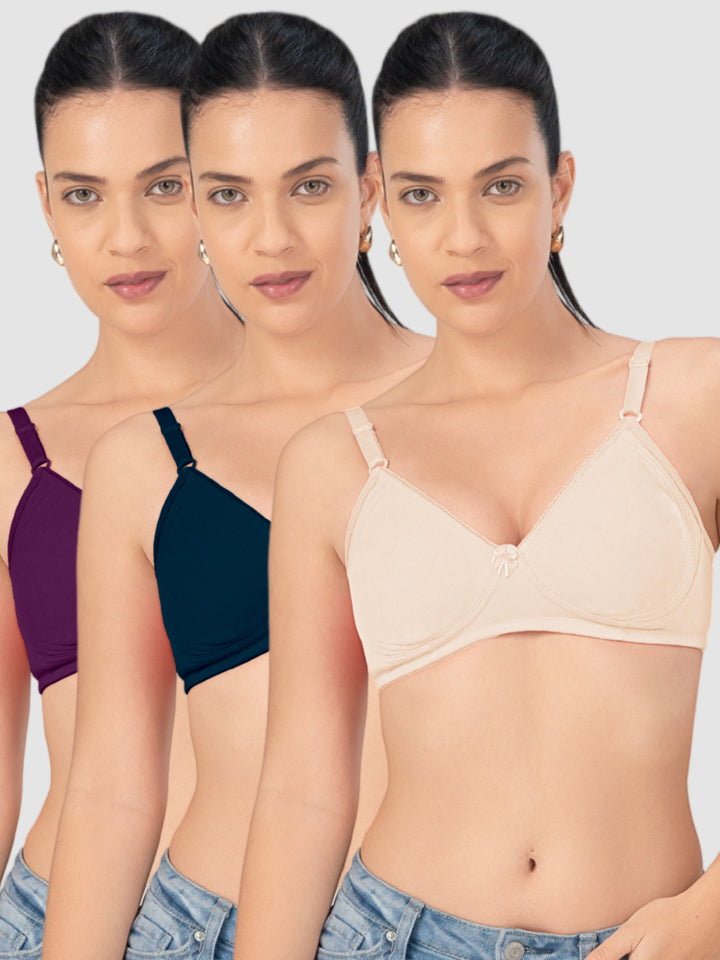 Lovable Multicolor Non Padded Non Wired Full Coverage Bra Pack of 3 - CLASSIC_3PK_Cream/E Blue/Wine