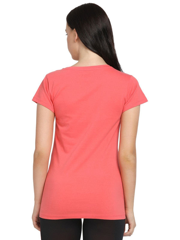 Women Coral Pink Regular Fit Solid Top - CREW NECK TEE PRINT-CP