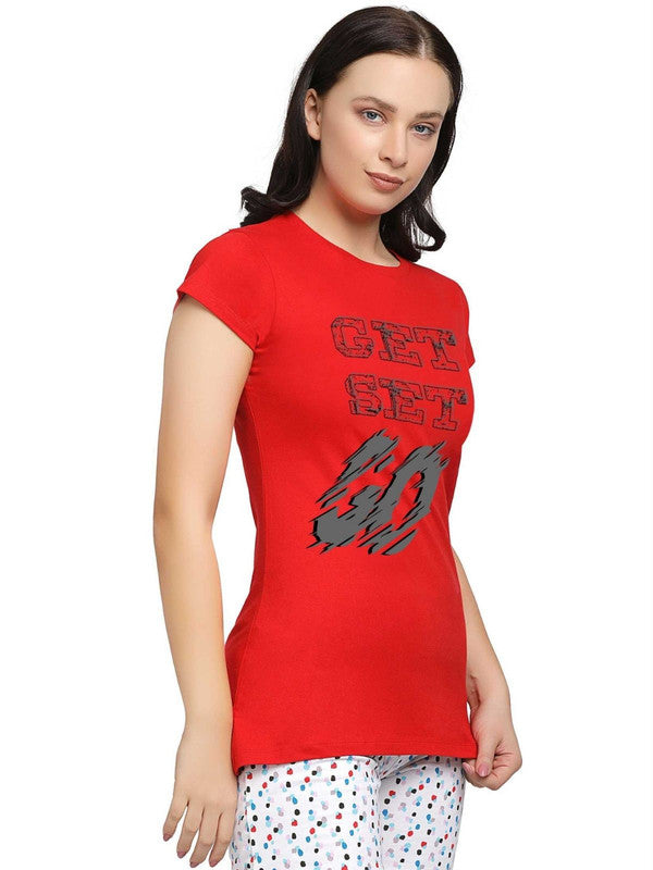 Women Red Regular Fit Solid Top - CREW NECK TEE PRINT-CR