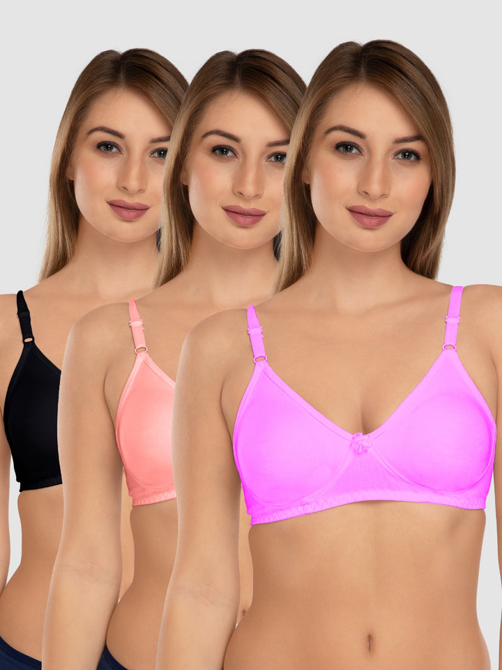 Daisy Dee Multicolor Non Padded Wirefree Full Coverage T-Shirt Bra Pack of 3 - LABELLA_3PK_F. PINK/BLACK /PEACH