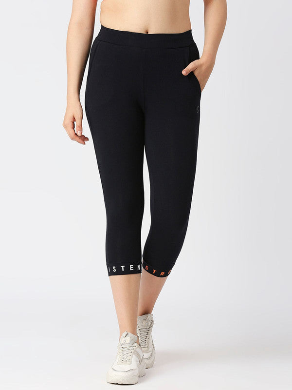 Women Navy Solid Terry Cotton Capris - INCLINE TRACK-NY-Lovable India