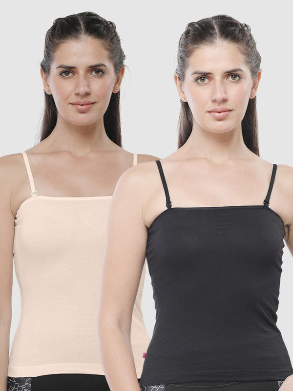 Women Cotton Blended Multicolor Solid Casual Camisole (Pack of 2)- Kitty-Black/Skin