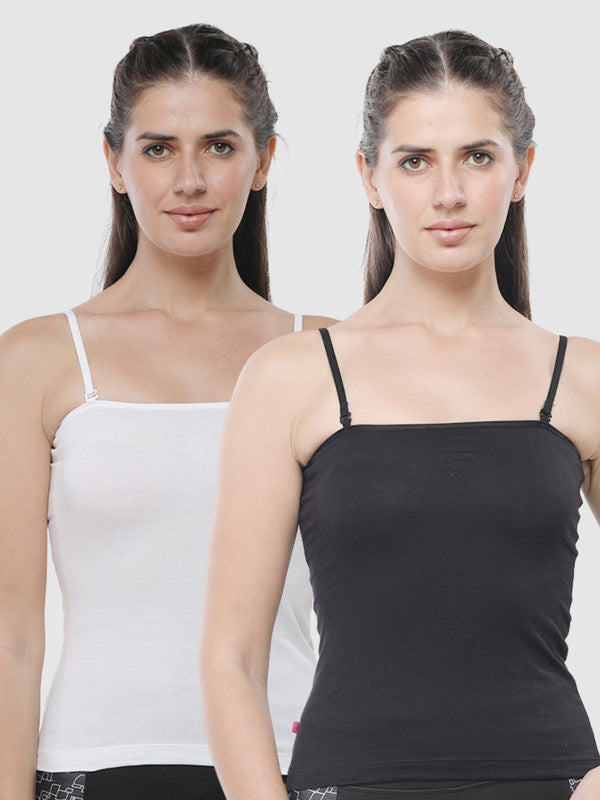 Women Cotton Blended Multicolor Solid Casual Camisole (Pack of 2)- Kitty-Black/White