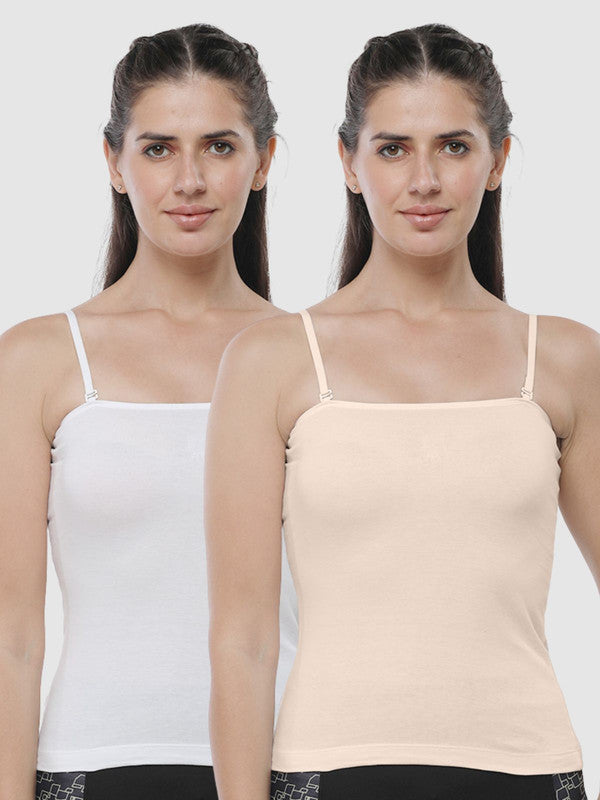 Women Cotton Blended Multicolor Solid Casual Camisole (Pack of 2)- Kitty-Skin/White