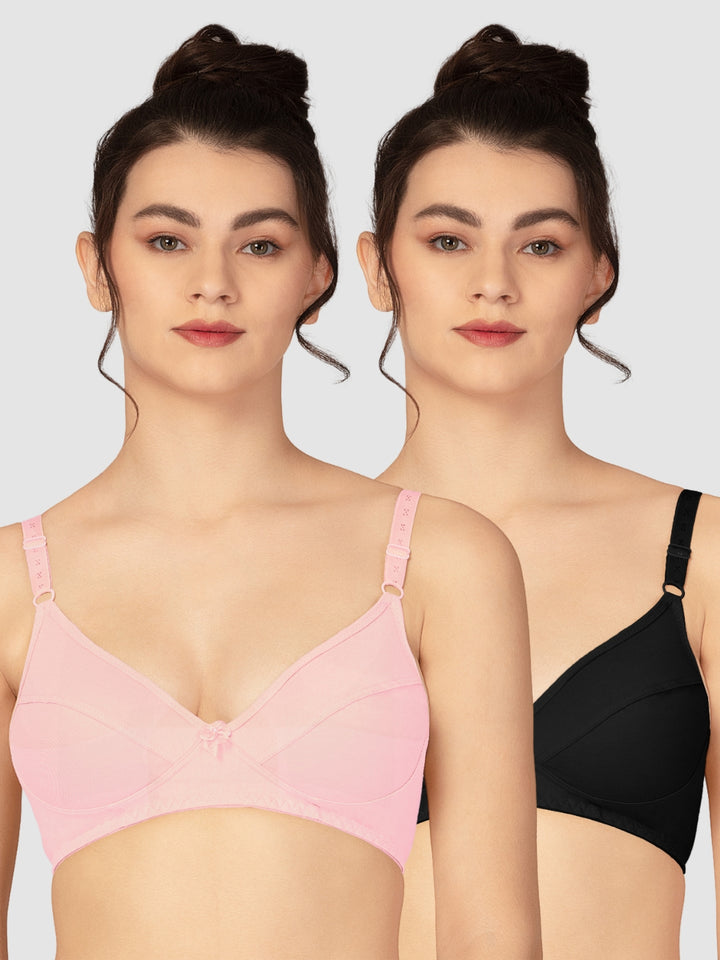 Lovable Baby Pink and Black Non Padded Wirefree Full Coverage Bra Pack of 2 - L-1797-BABY PINK/BLACK