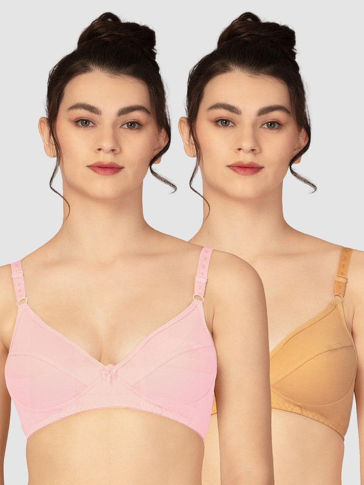 Lovable Baby Pink and Skin Non Padded Wirefree Full Coverage Bra Pack of 2 - L-1797-BABY PINK/SKIN