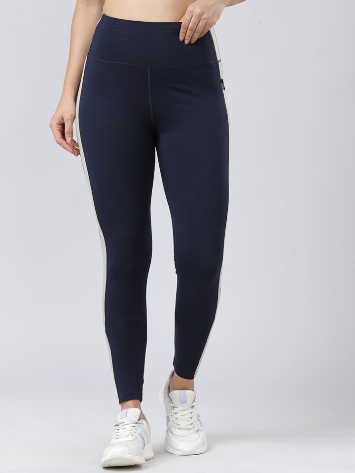 Women Navy-Vintage Beige Solid Skin Fit Tights and Track Pant- Camino - NY-VB