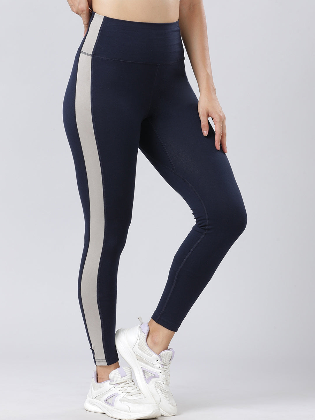 Women Navy-Vintage Beige Solid Skin Fit Tights and Track Pant- Camino - NY-VB