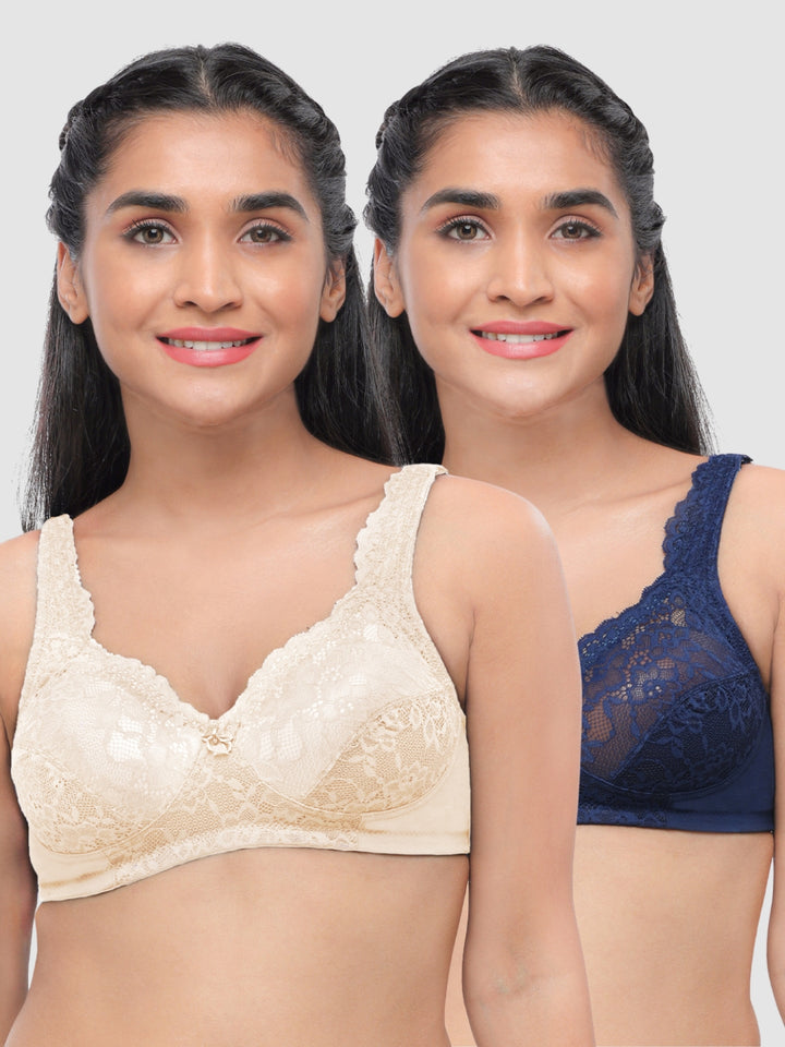 Lovable Women Cream and Navy Non Padded Non Wired Full Coverage Bra Pack of 2 - ORIGINAL-Cream/Navy