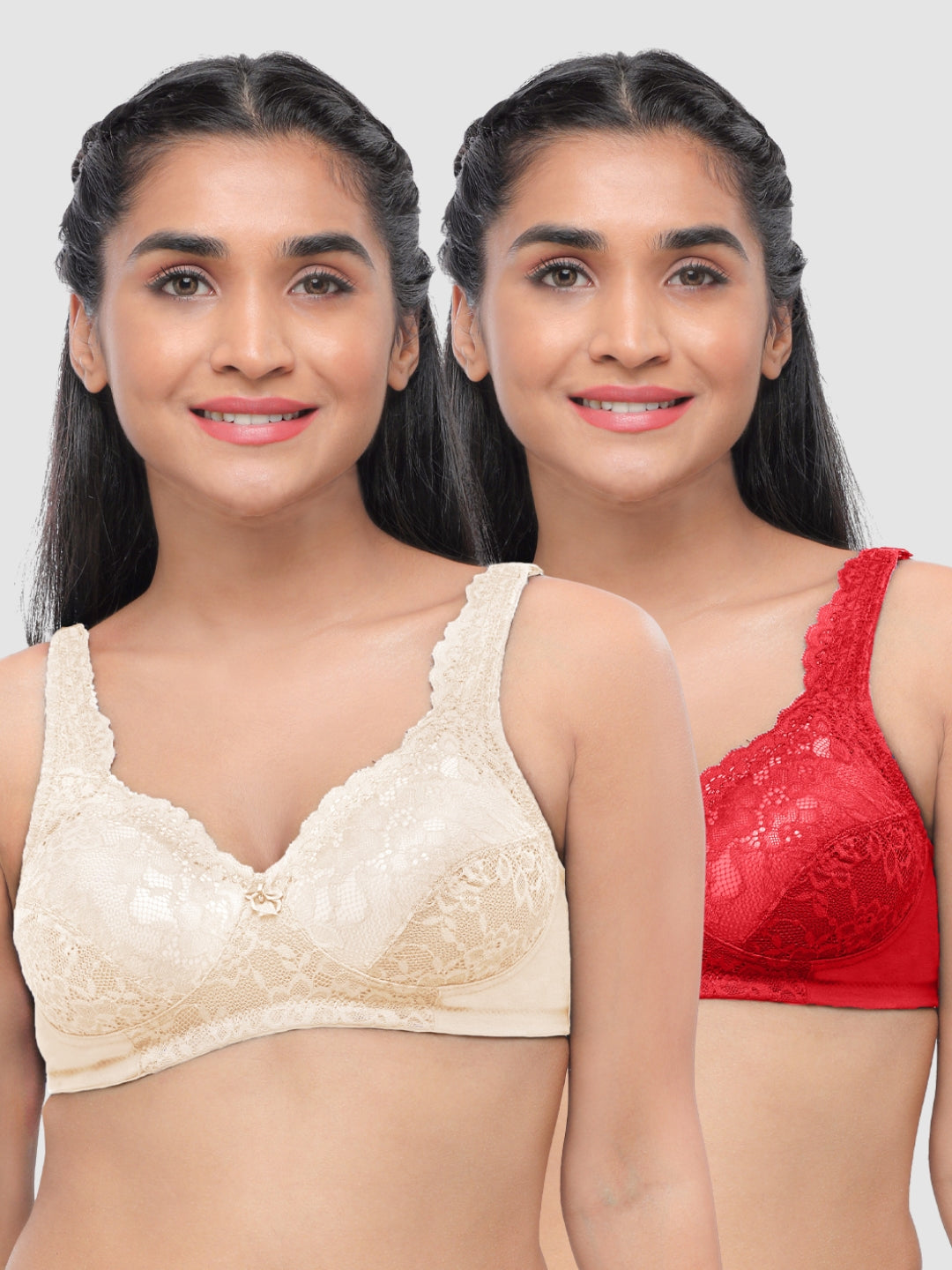 Lovable Women Cream and Red Non Padded Non Wired Full Coverage Bra Pack of 2 - ORIGINAL-Cream/Red