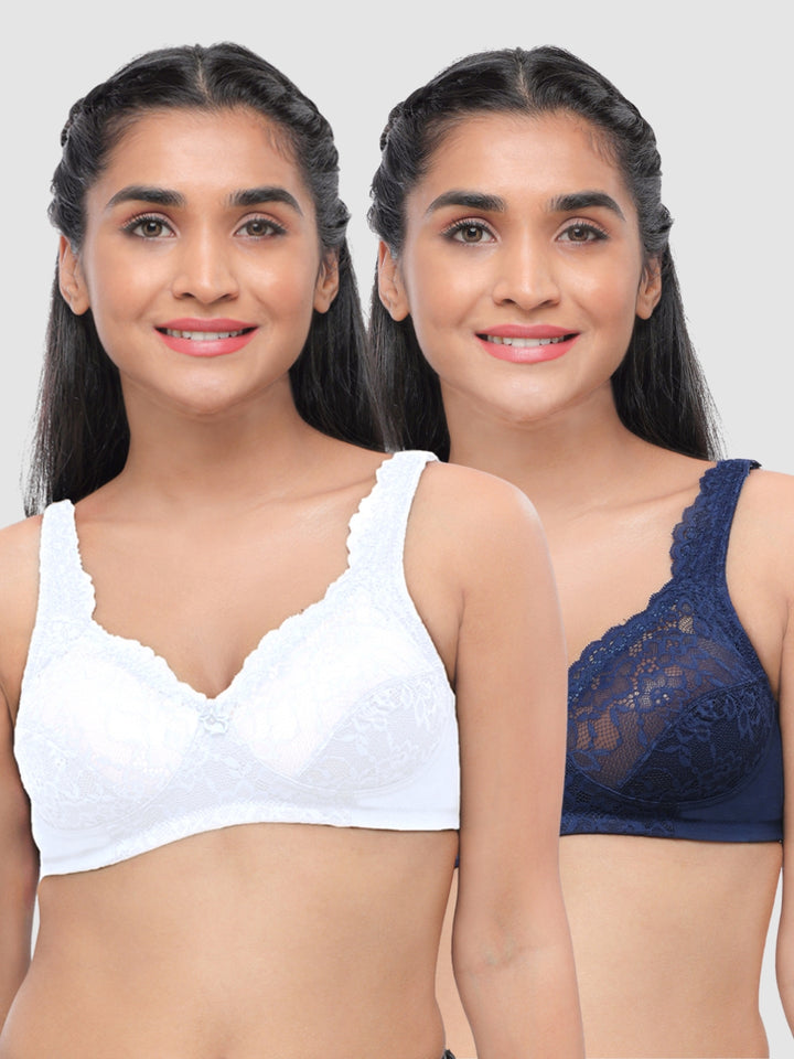 Lovable Women White and Navy Non Padded Non Wired Full Coverage Bra Pack of 2 - ORIGINAL-White/Navy