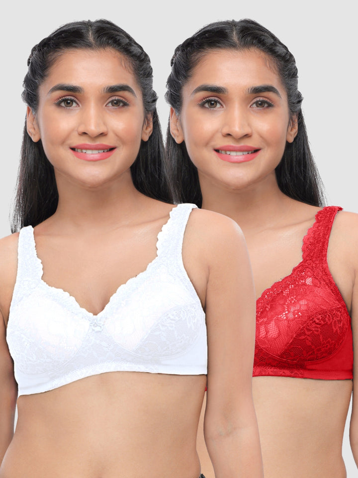 Lovable Women White and Red Non Padded Non Wired Full Coverage Bra Pack of 2 - ORIGINAL-White/Red