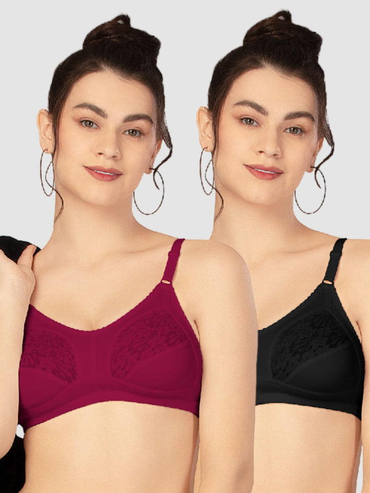 Lovable Wine and Black Non Padded Wirefree Seamed Full Coverage Bra Pack of 2 - PD-6011-Wine/Black