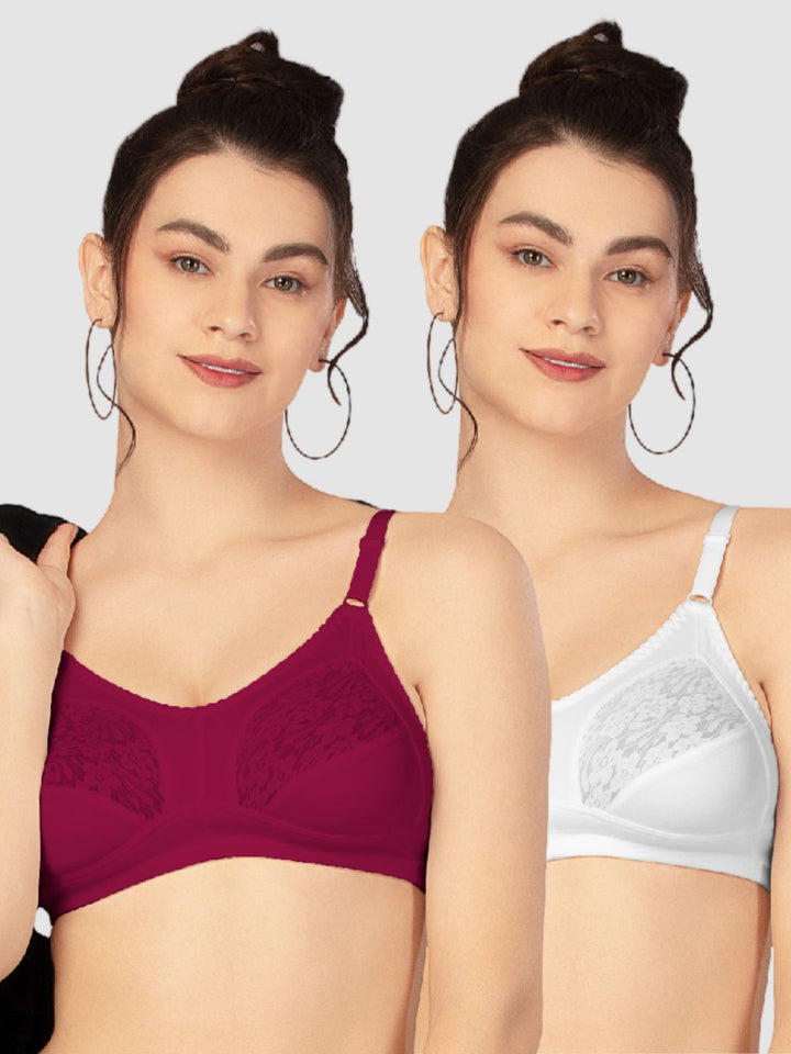 Lovable Wine and White Non Padded Wirefree Seamed Full Coverage Bra Pack of 2 - PD-6011-Wine/White