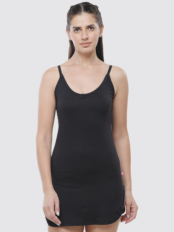 Women Cotton Blended Black Solid Casual Long Camisole-SANDY-Black