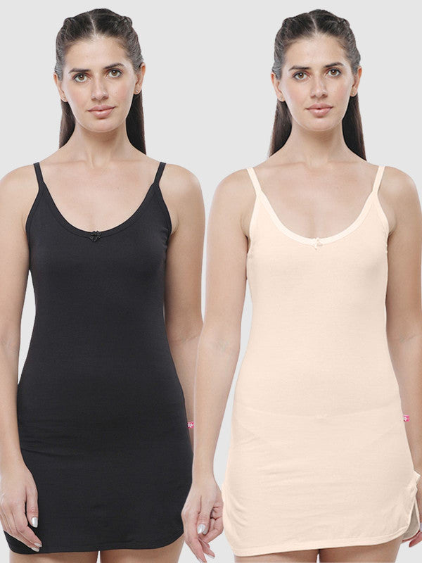 Women Cotton Blended Multicolor Solid Casual Long Camisole (Pack of 2)- Sandy-Black/Skin