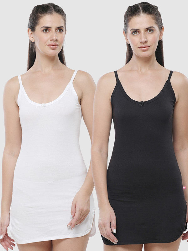 Women Cotton Blended Multicolor Solid Casual Long Camisole (Pack of 2)- Sandy-Black/White