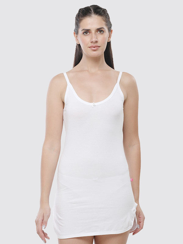 Women Cotton Blended White Solid Casual Long Camisole-SANDY-White