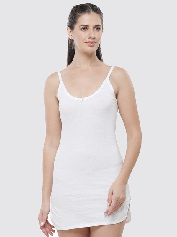 Women Cotton Blended White Solid Casual Long Camisole-SANDY-White