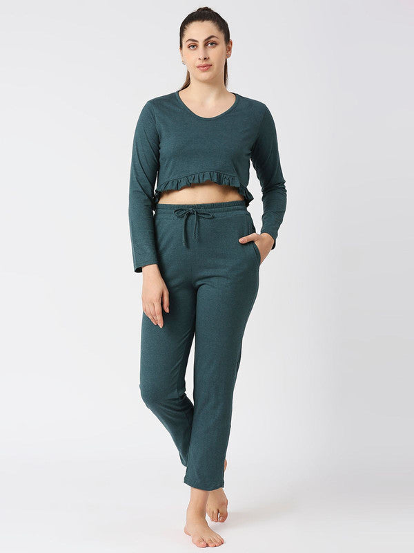 Women Green Melange Solid Regular Fit Nightwear Set - MOON DRIFT-006 BG-ML-Lovable India