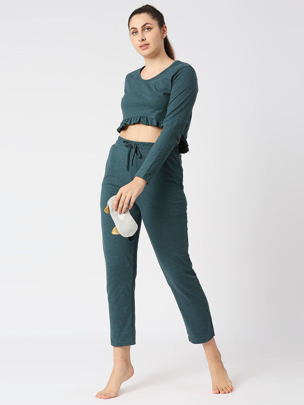Women Green Melange Solid Regular Fit Nightwear Set - MOON DRIFT-006 BG-ML