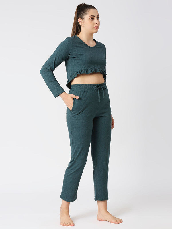 Women Green Melange Solid Regular Fit Nightwear Set - MOON DRIFT-006 BG-ML