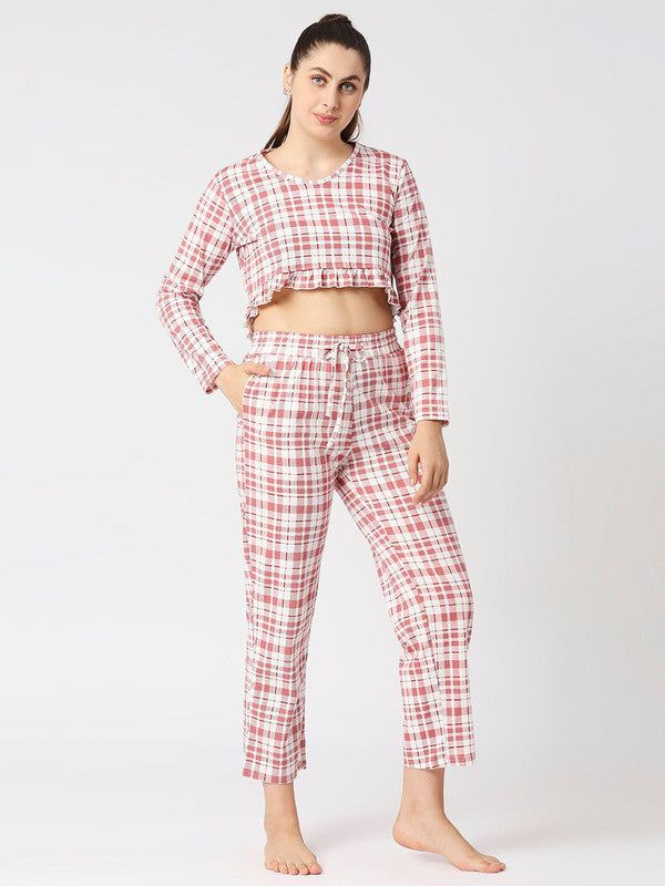 Women Maroon Checkered Regular Fit Nightwear Set - MOON DRIFT-006 BB-MR