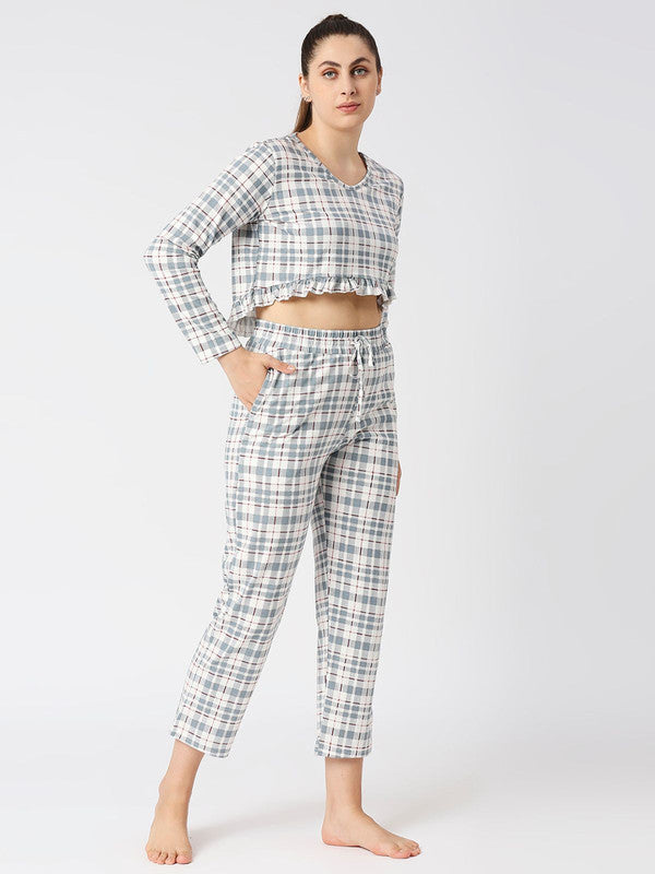 Women Steel Grey Checkered Regular Fit Nightwear Set - MOON DRIFT-006 BB-PR