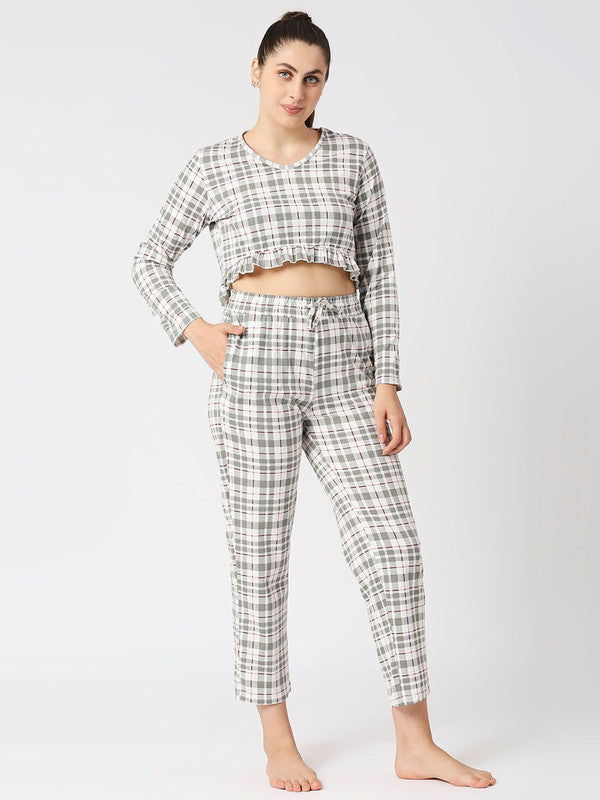 Women Grey Checkered Regular Fit Nightwear Set - MOON DRIFT-006 BB-GR-Lovable India