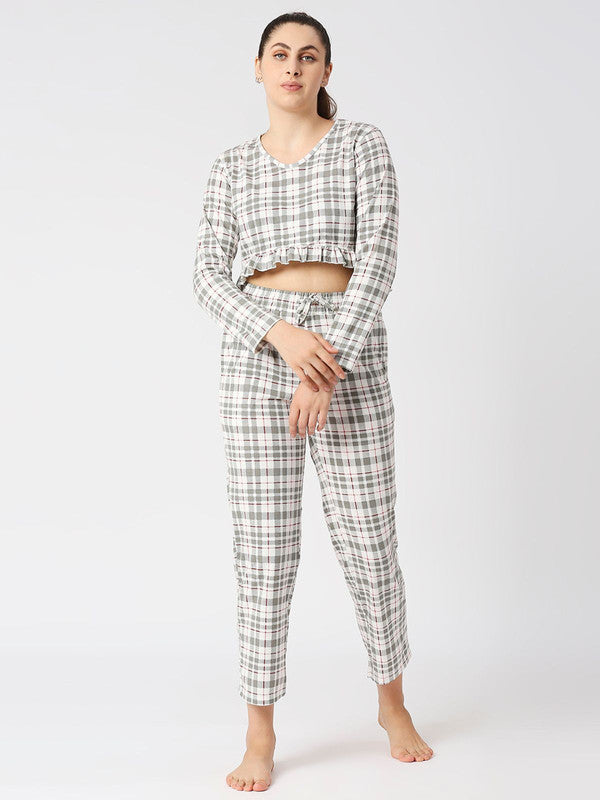 Women Grey Checkered Regular Fit Nightwear Set - MOON DRIFT-006 BB-GR