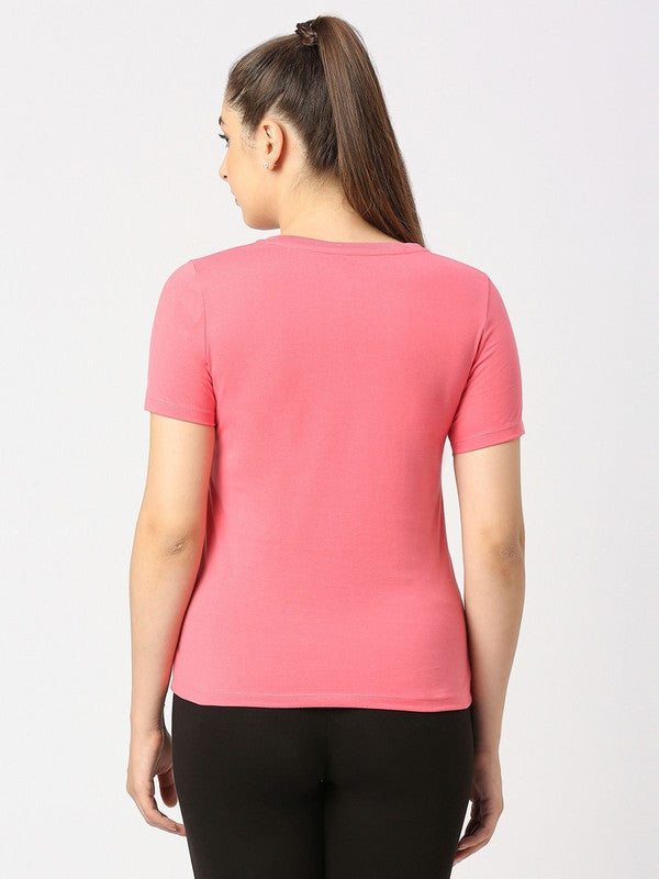 Women Coral Pink Solid Top - Crescent Crew-CP