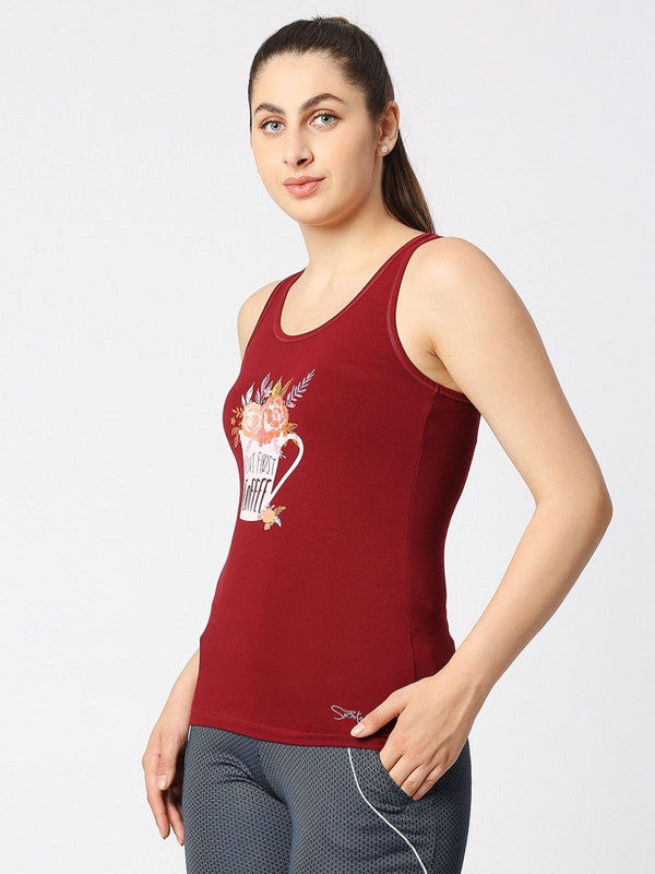 Women Maroon Solid Top - Floral Cup Racerback-MN