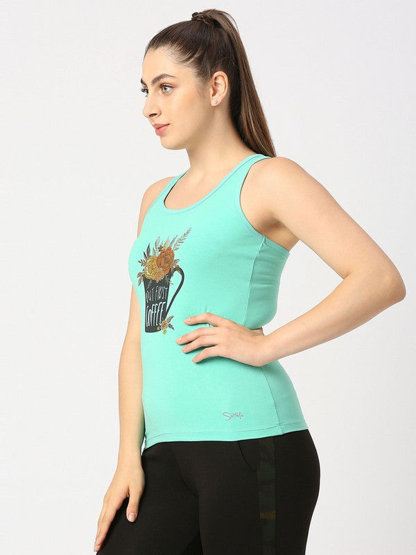 Women Light Green Solid Top - Floral Cup Racerback-MT