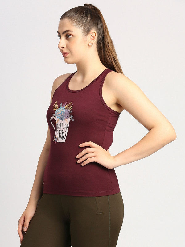 Women Wine Solid Top - Floral Cup Racerback-WN