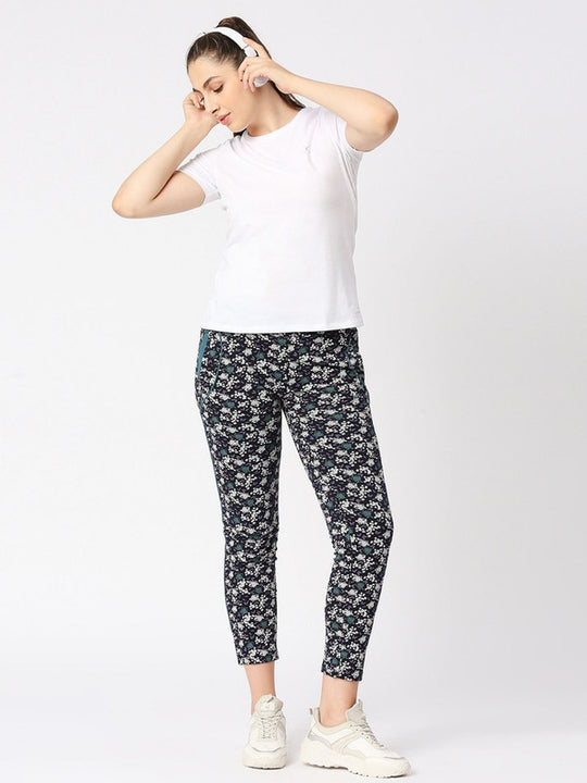 Womens Premium White Cotton Lycra Smart Fit Printed Track Pant