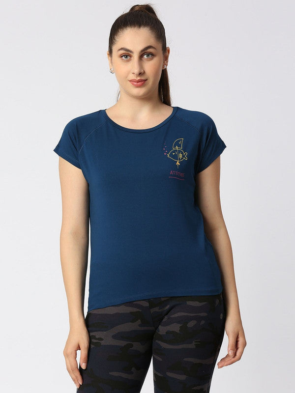 Women Aqua Blue Solid Sports T-Shirt - Space Tee-AB