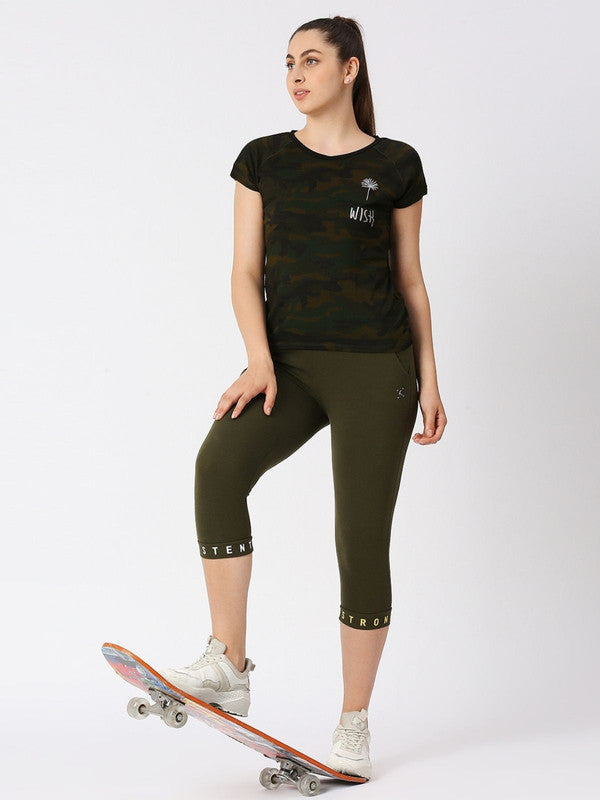 Women Camouflage Olive Green Prints Solid Top - Space Tee-Camo-OG